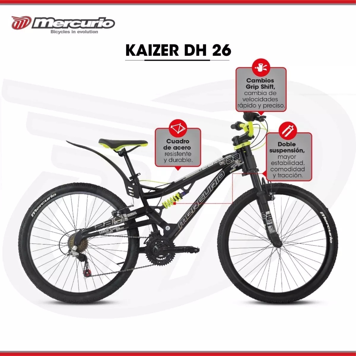Bicicleta Mercurio DH Kaizer R26 Negro Azul DOBLE SUSPESION DISCO 21 VELOCIDADES.