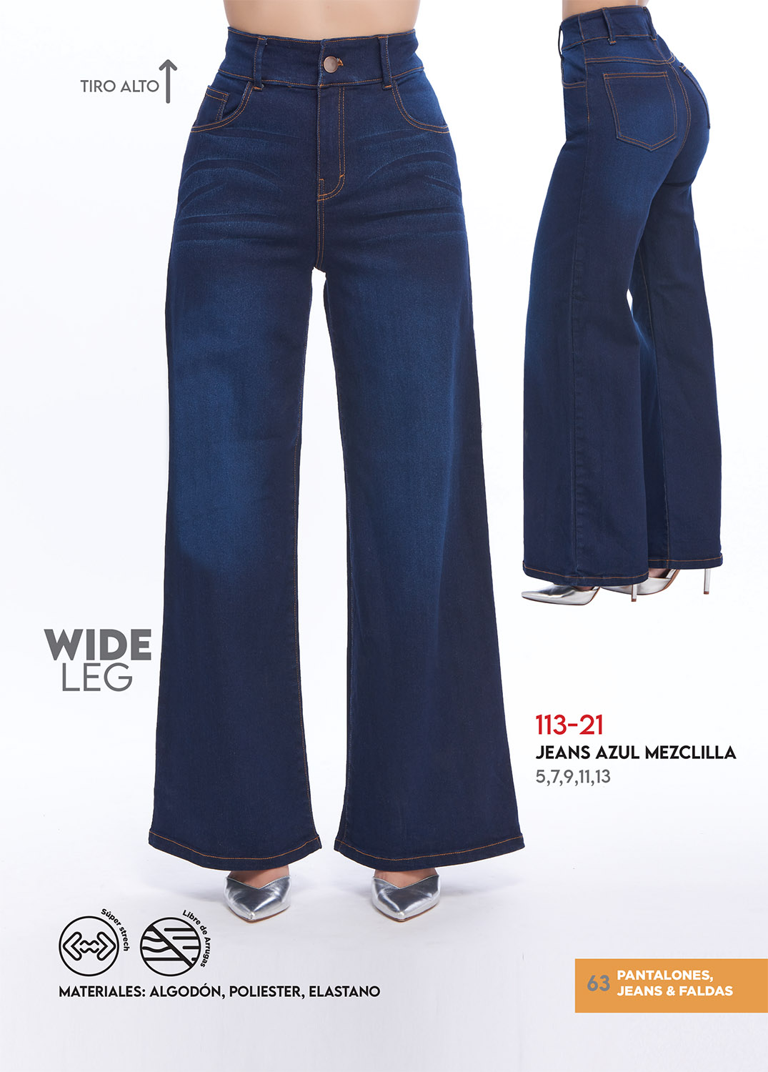 Jeans Tiro Alto, Mezclilla Premium, Super Stretch, Corte Wide Leg, Bolsas Habilitadas, Largo Hasta el Pie, Pretina Ancha, Lavado con Detalle, Costuras Contrastantes, Color Azul Oscuro