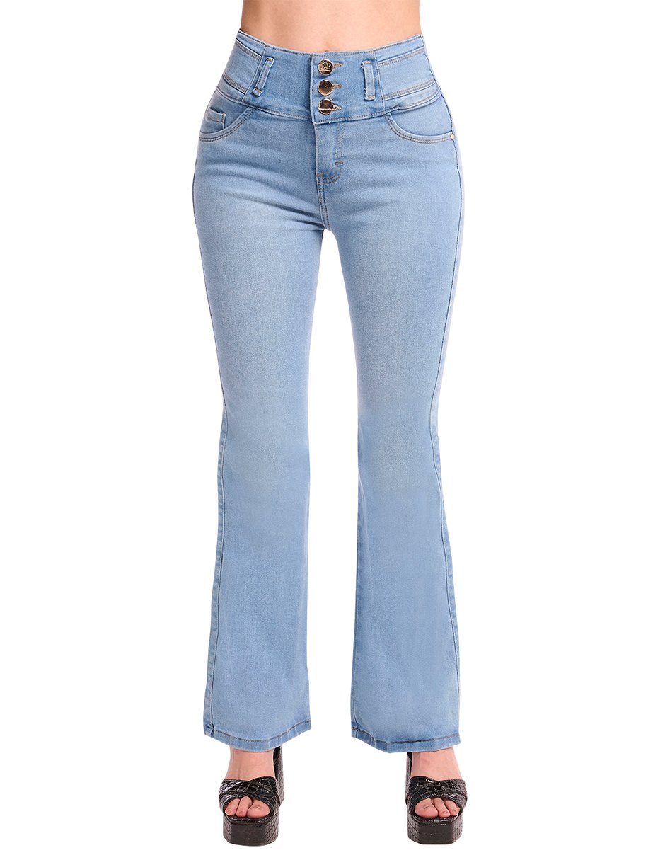 Jeans Tiro Alto, Mezclilla Súper Stretch, Corte Campana y Colombiano, Push Up, Pretina Ancha, Bolsas Habilitadas, Color Azul Claro, Costura Contrastante