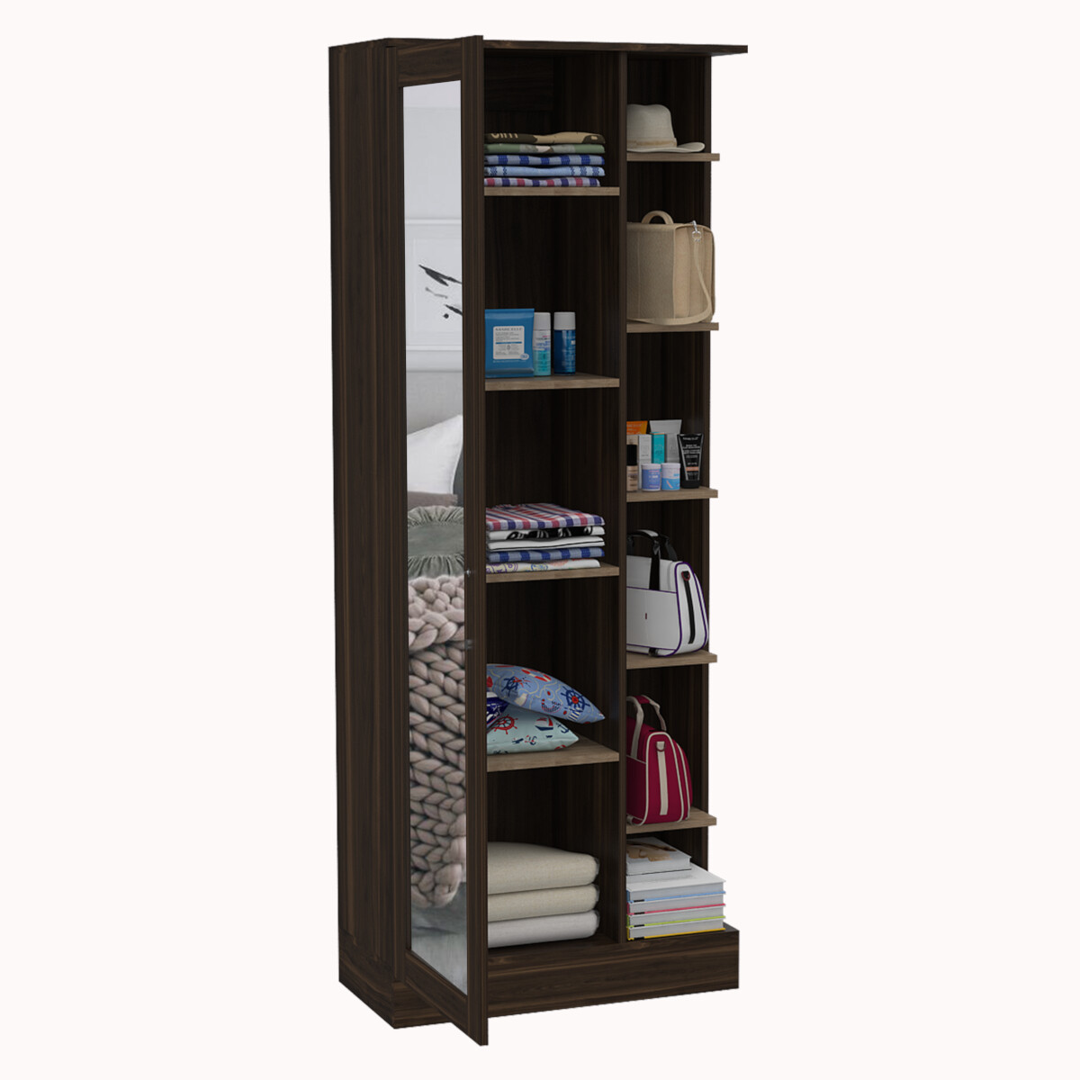 ROPERO ARMARIO ARMABLE CON ESPEJO EN LA PUERTA Y DIEZ ENTREPAÑOS MODELO WOMAN COLOR CAFE