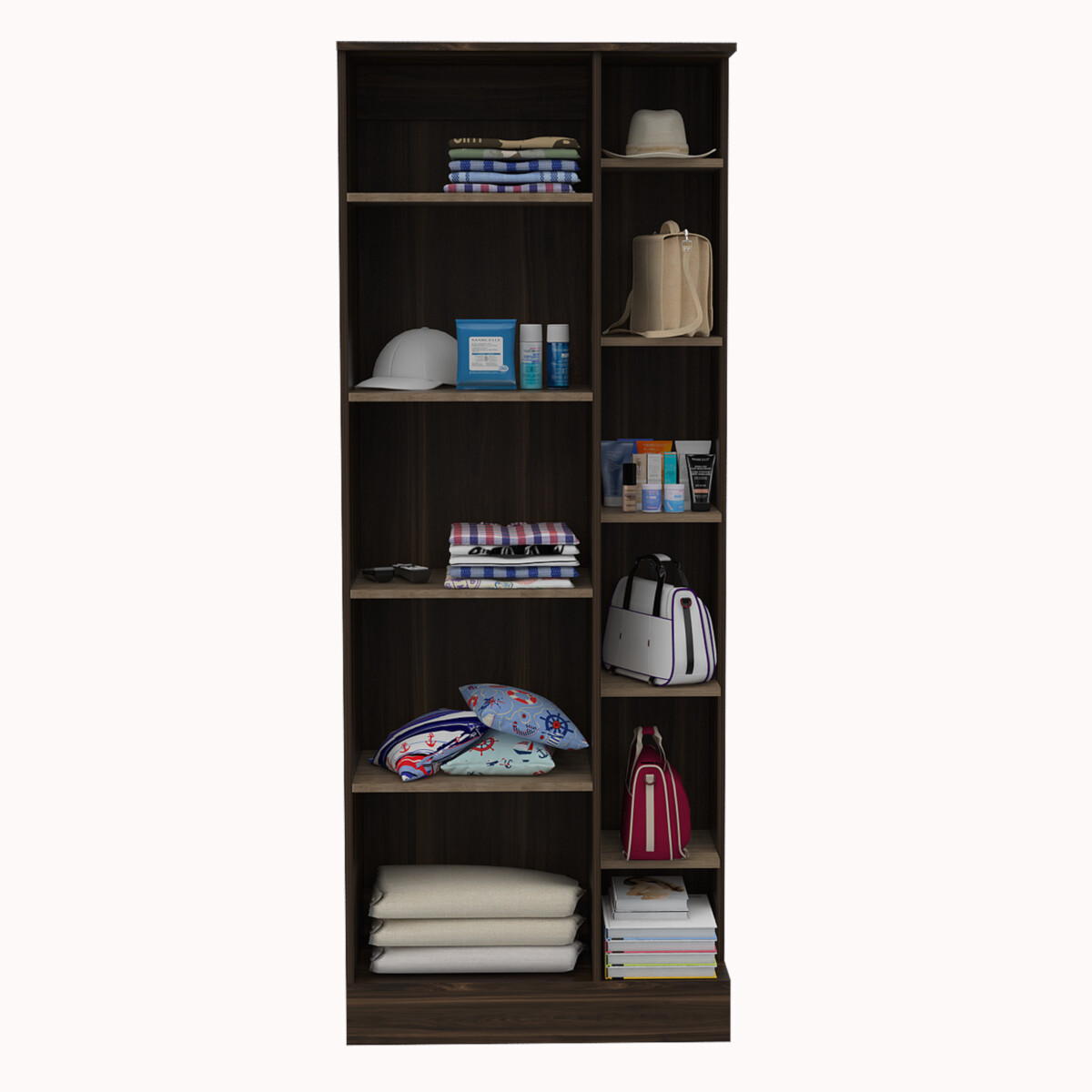 ROPERO ARMARIO ARMABLE CON ESPEJO EN LA PUERTA Y DIEZ ENTREPAÑOS MODELO WOMAN COLOR CAFE