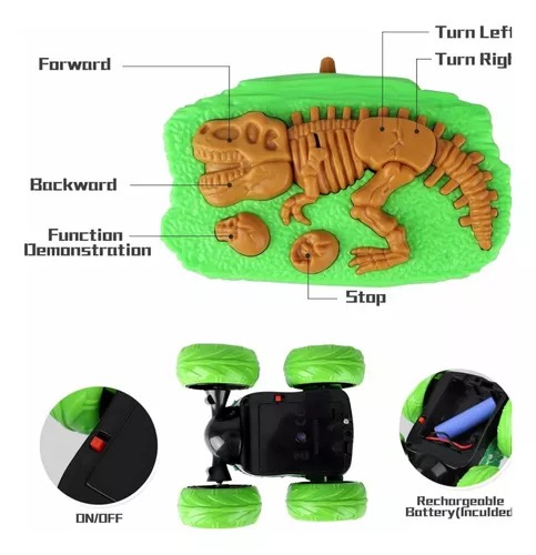 Carro Stunt 360° Cabeza Dinosaurio Y Radio Control De Fósil Verde.