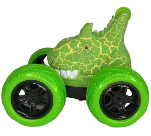 Carro Stunt 360° Cabeza Dinosaurio Y Radio Control De Fósil Verde-Amarillo.