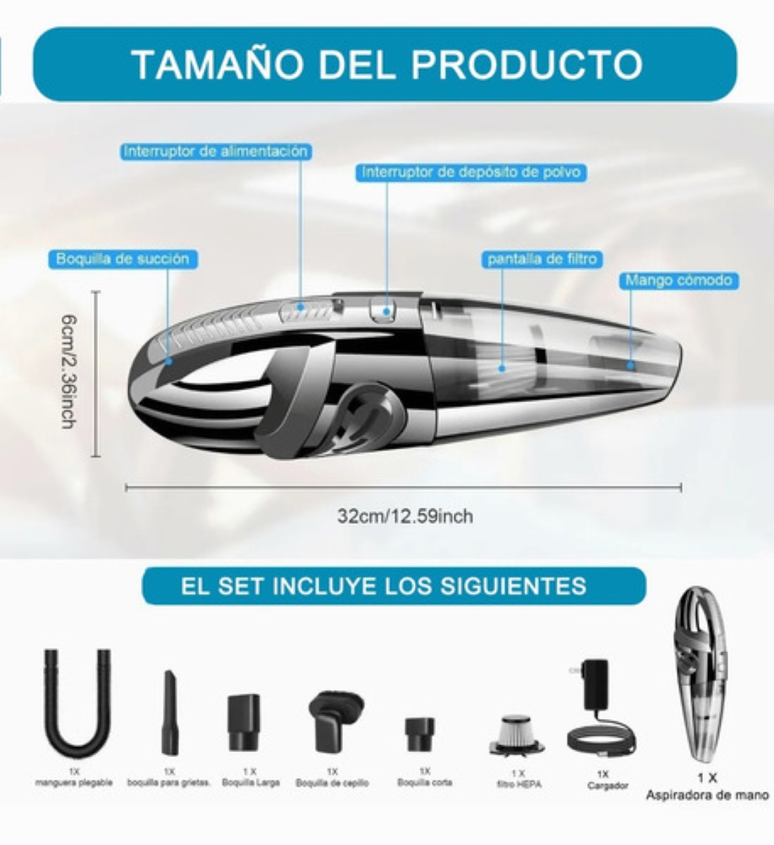 Aspiradora De Mano Portatil Para Automovil Y Hogar 9000 Pa