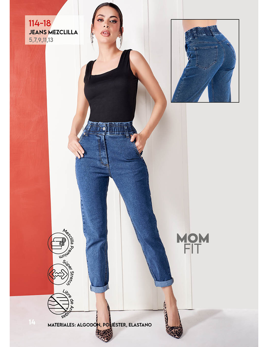 Jeans Tiro Alto, Corte Jogger, Elástico en Cintura, Mezclilla Stretch, Doblez Decorativo en Bastilla, Bolsas Habilitadas, Color Azul Medio, Botón Habilitado, Pretina Ancha, Lavado Desgaste
