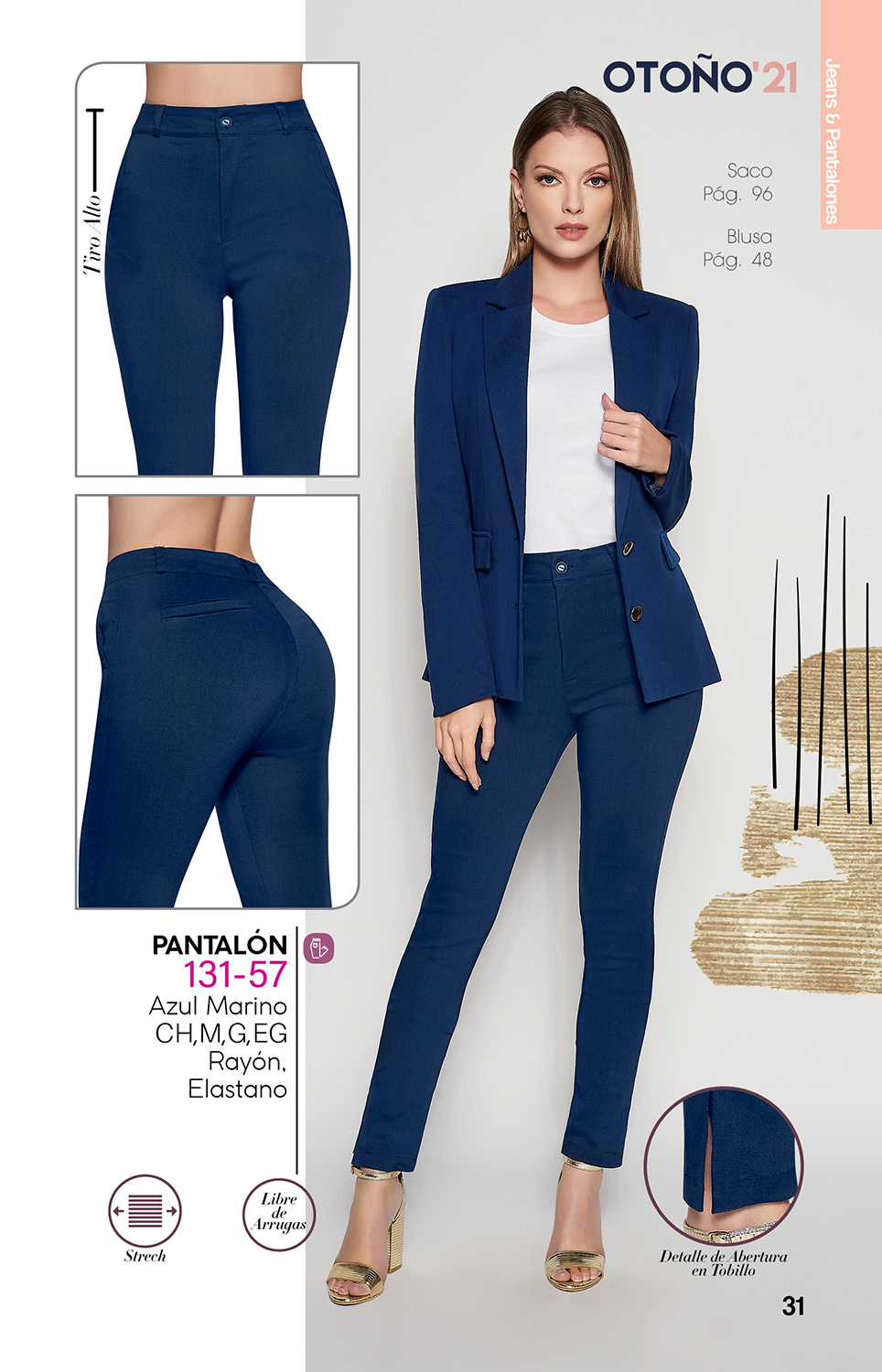 Pantalón Tiro Alto, Formales, Tela Super Stretch, Abertura Decorativo en Tobillo, Bolsas Laterales Habilitadas, Pretina Estandar, Trabilla para Cinturón, Color Azul Marino