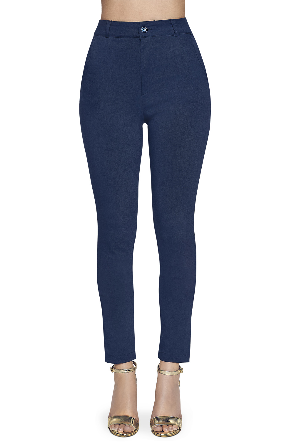 Pantalón Tiro Alto, Formales, Tela Super Stretch, Abertura Decorativo en Tobillo, Bolsas Laterales Habilitadas, Pretina Estandar, Trabilla para Cinturón, Color Azul Marino