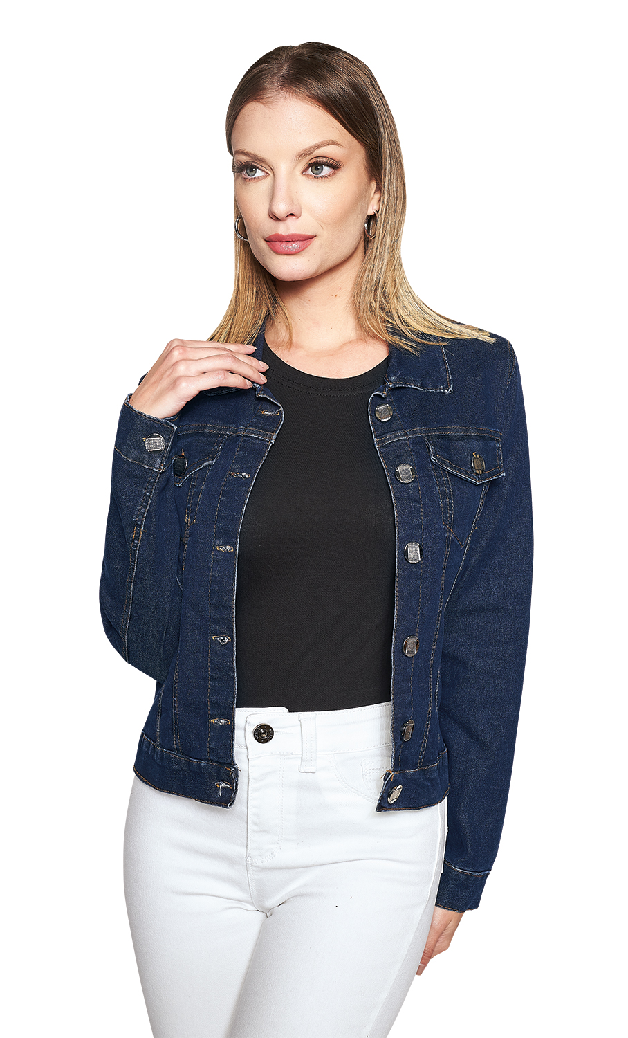 Chamarra color Azul Oscuro, Manga Larga, Mezclilla Stretch, Botones Habilitados, Costuras Constrastantes, Para Frío Ligero, Botón en Manga, Largo a la Cadera