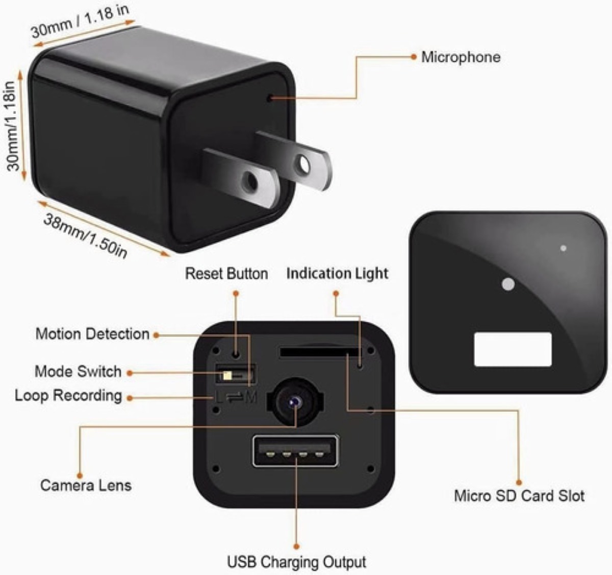 Mini Cámara Espía Camuflaje Espía 1080p Cargador Oculto 128g