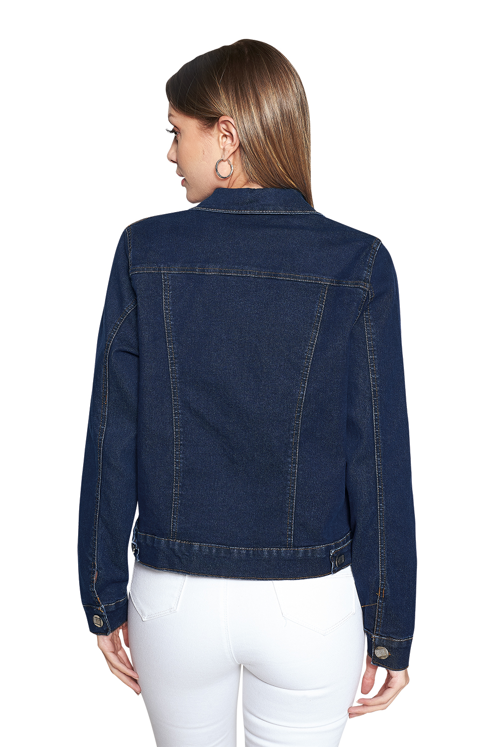 Chamarra color Azul Oscuro, Manga Larga, Mezclilla Stretch, Botones Habilitados, Costuras Constrastantes, Para Frío Ligero, Botón en Manga, Largo a la Cadera