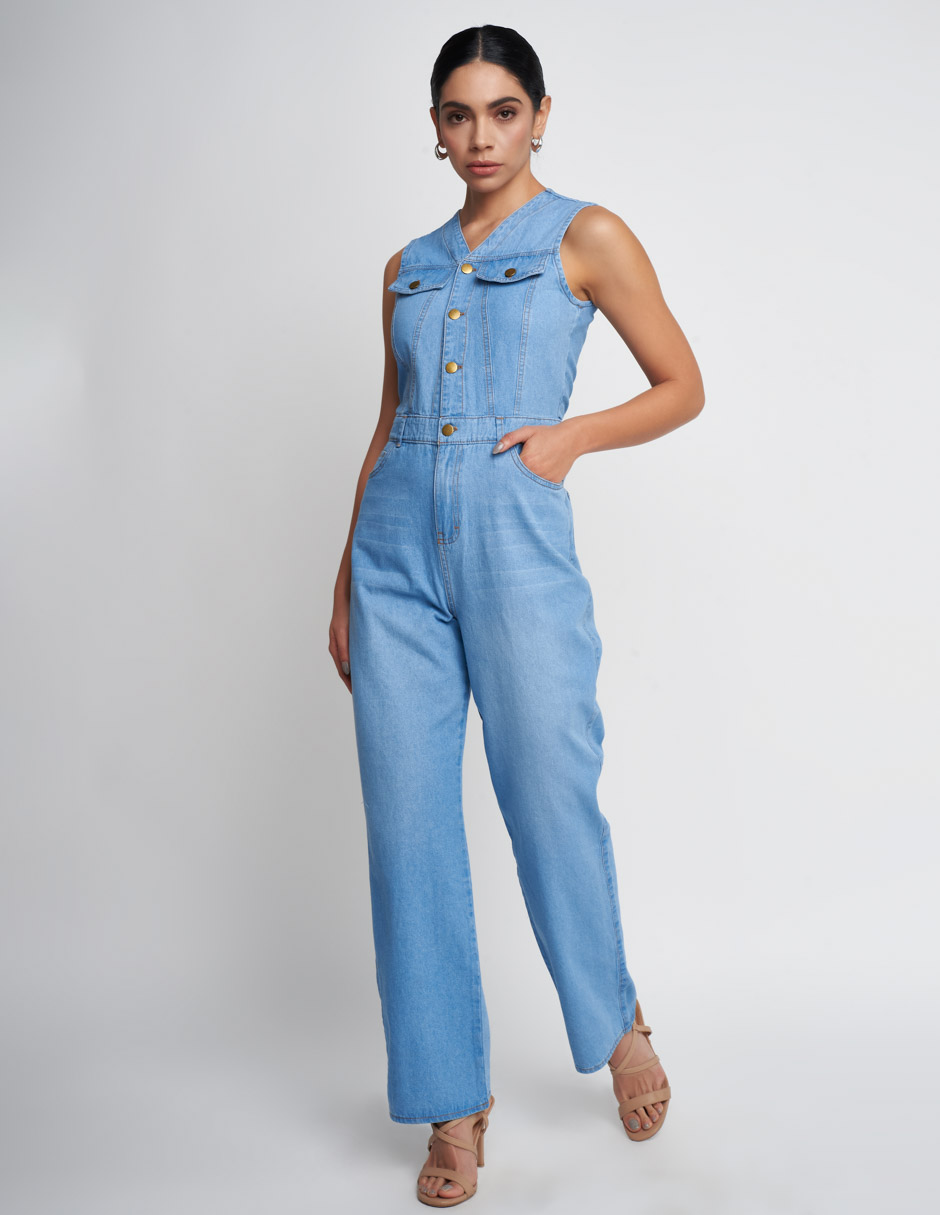 Jumpsuit Palazzo para mujer de mezclilla en color azul claro botones habilitados al frente