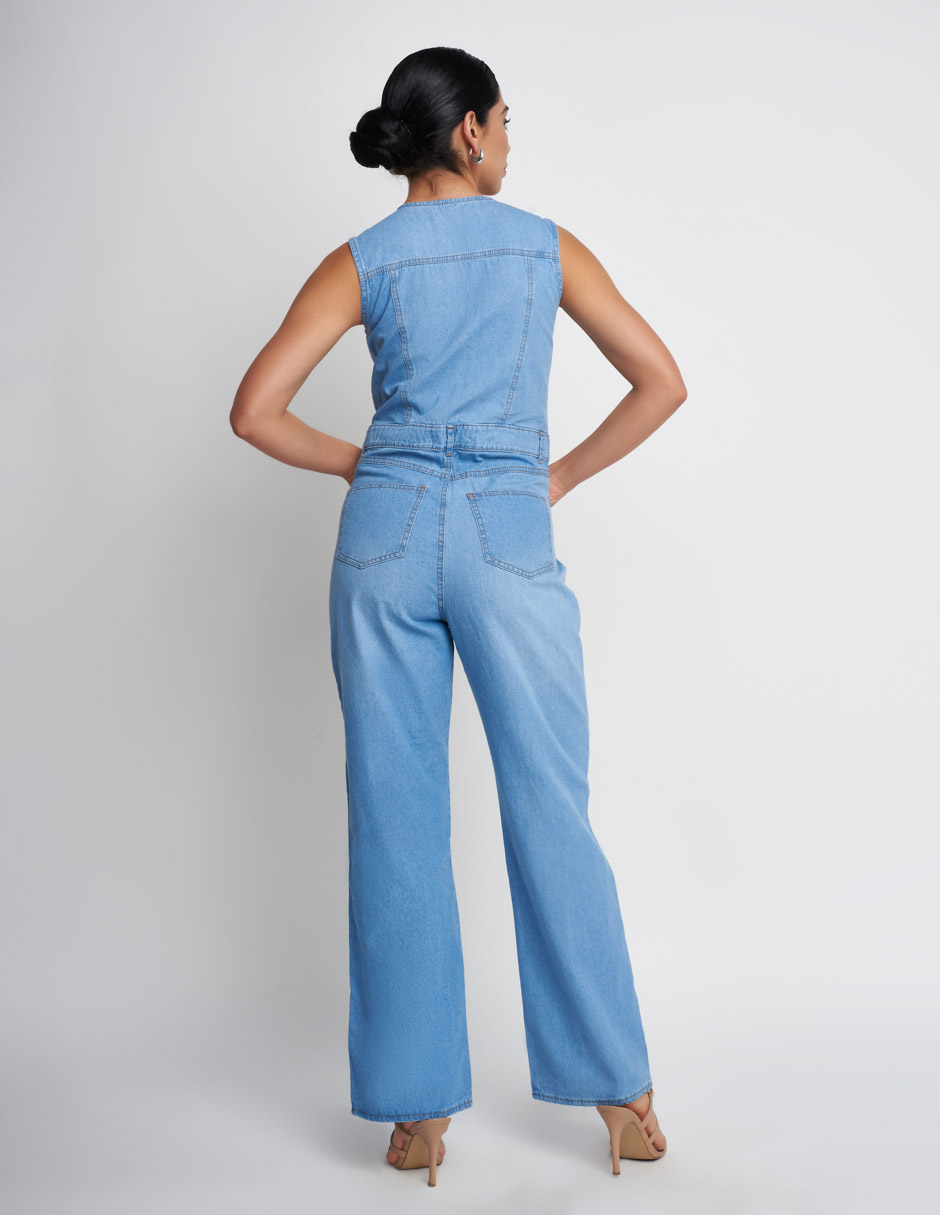 Jumpsuit Palazzo para mujer de mezclilla en color azul claro botones habilitados al frente