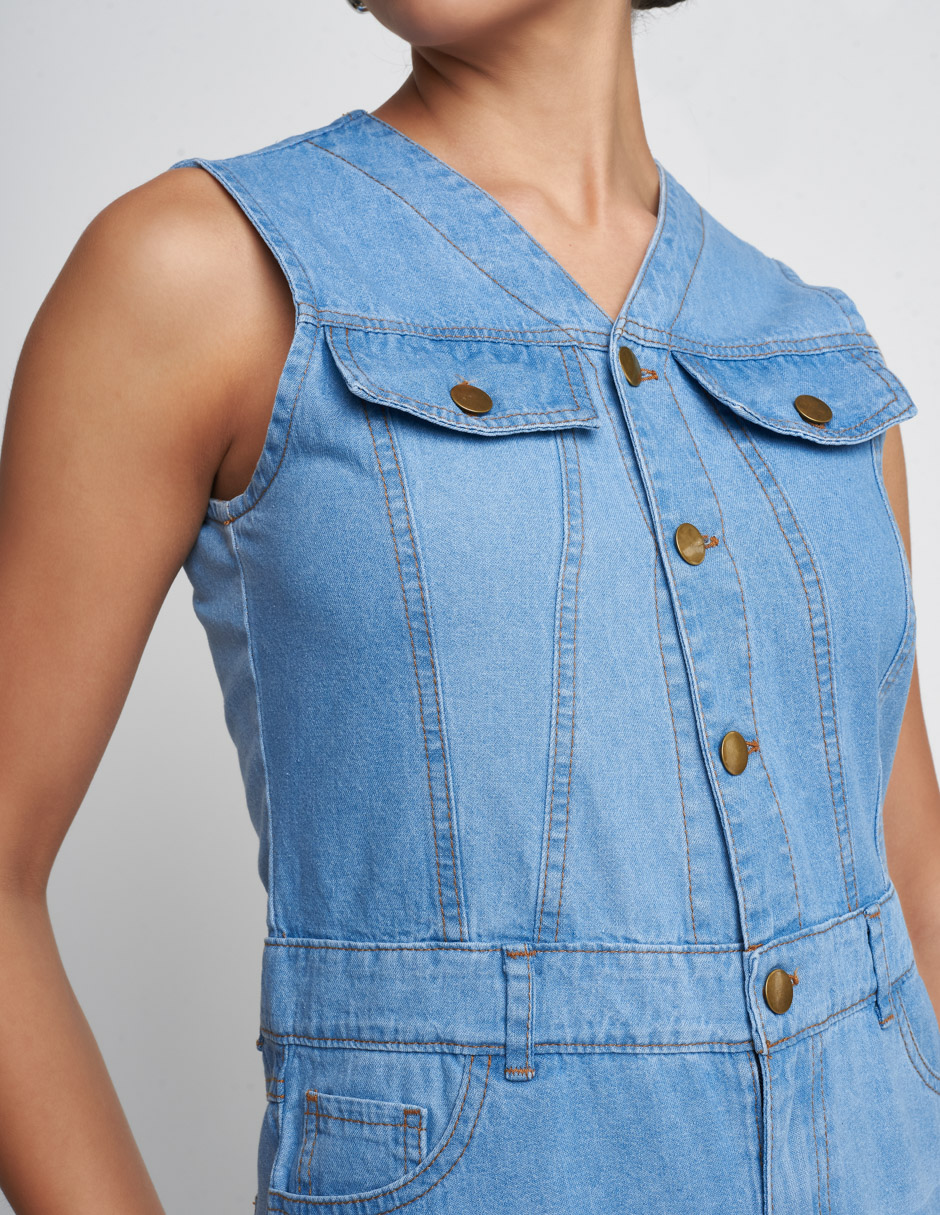 Jumpsuit Palazzo para mujer de mezclilla en color azul claro botones habilitados al frente