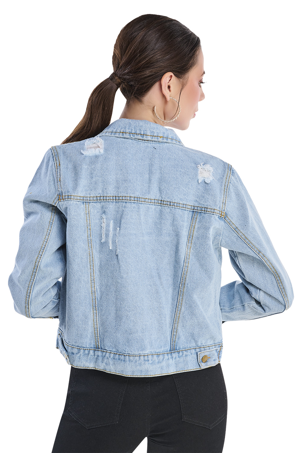 Chamarra colo Azul Claro, Mezclilla Rígida, Algodón, Para Frío Ligero, Manga Larga, Volumen en Mangas, Botones Habilitados en Talle y Puños, Desgaste Decorativo, Largo por debajo de Cintura