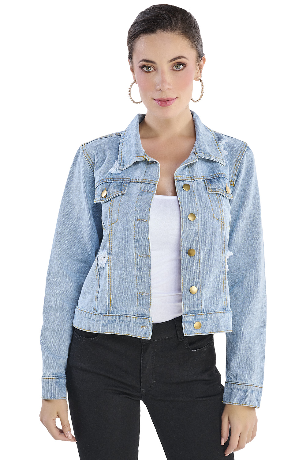 Chamarra colo Azul Claro, Mezclilla Rígida, Algodón, Para Frío Ligero, Manga Larga, Volumen en Mangas, Botones Habilitados en Talle y Puños, Desgaste Decorativo, Largo por debajo de Cintura