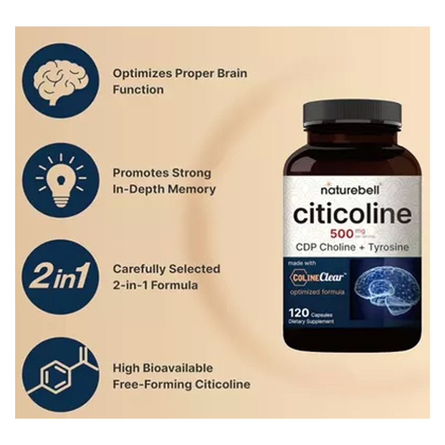 Citicolina Cdp Colina 500mg Naturebell 120 Capsulas + Tyrosine 