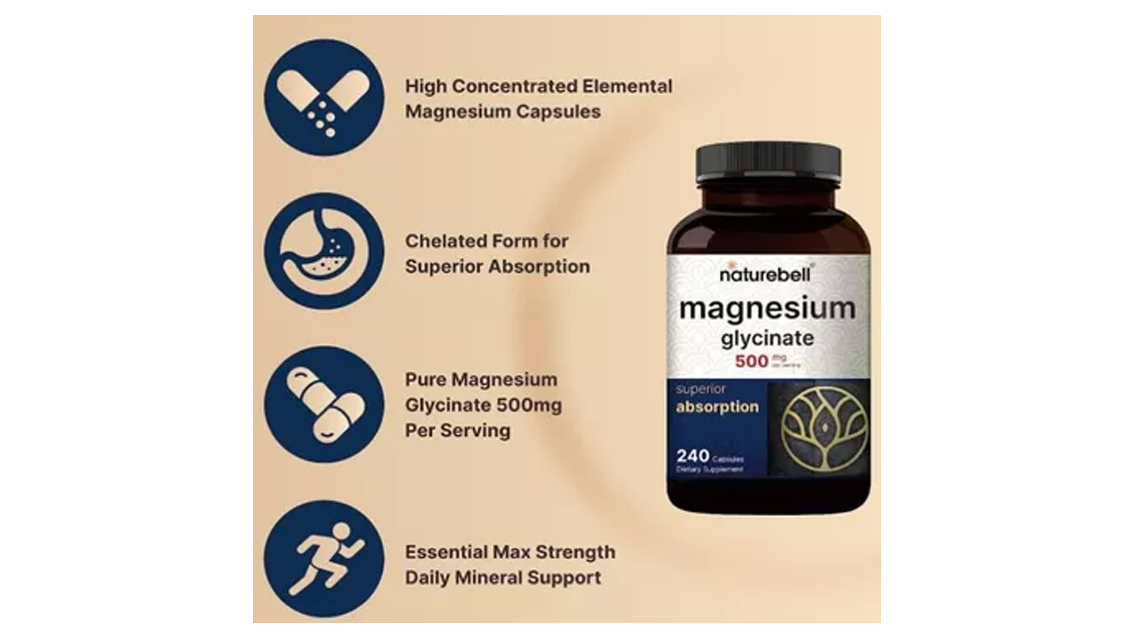 Glicinato De Magnesio 500mg Naturebell 240 Capsulas Super Absorción