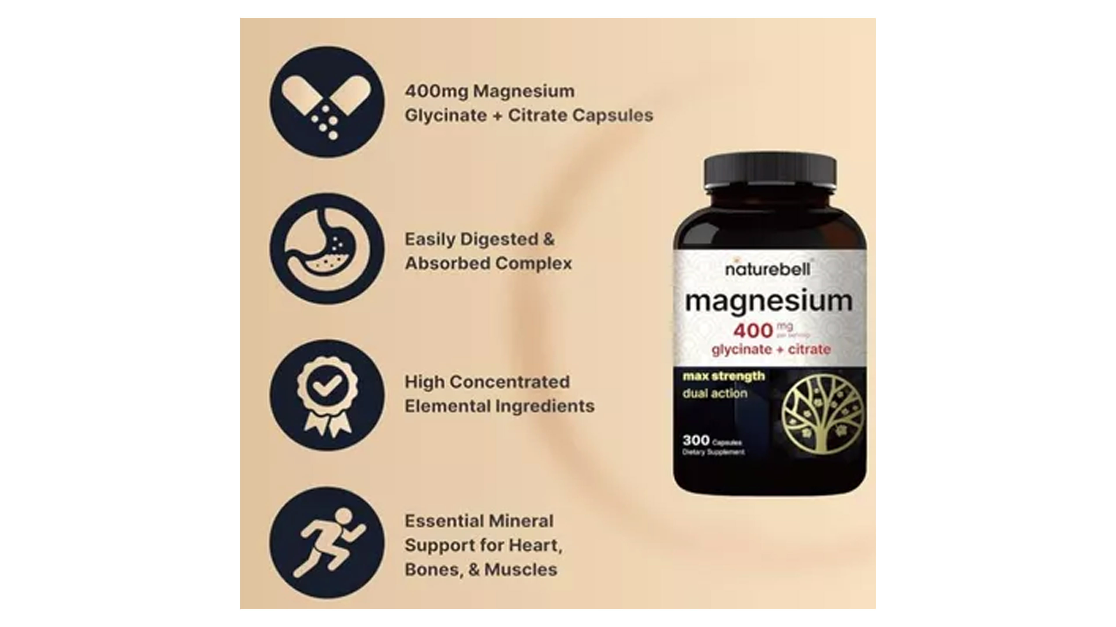 Glicinato + Citrato De Magnesio 400mg Naturebell 300 Capsulas