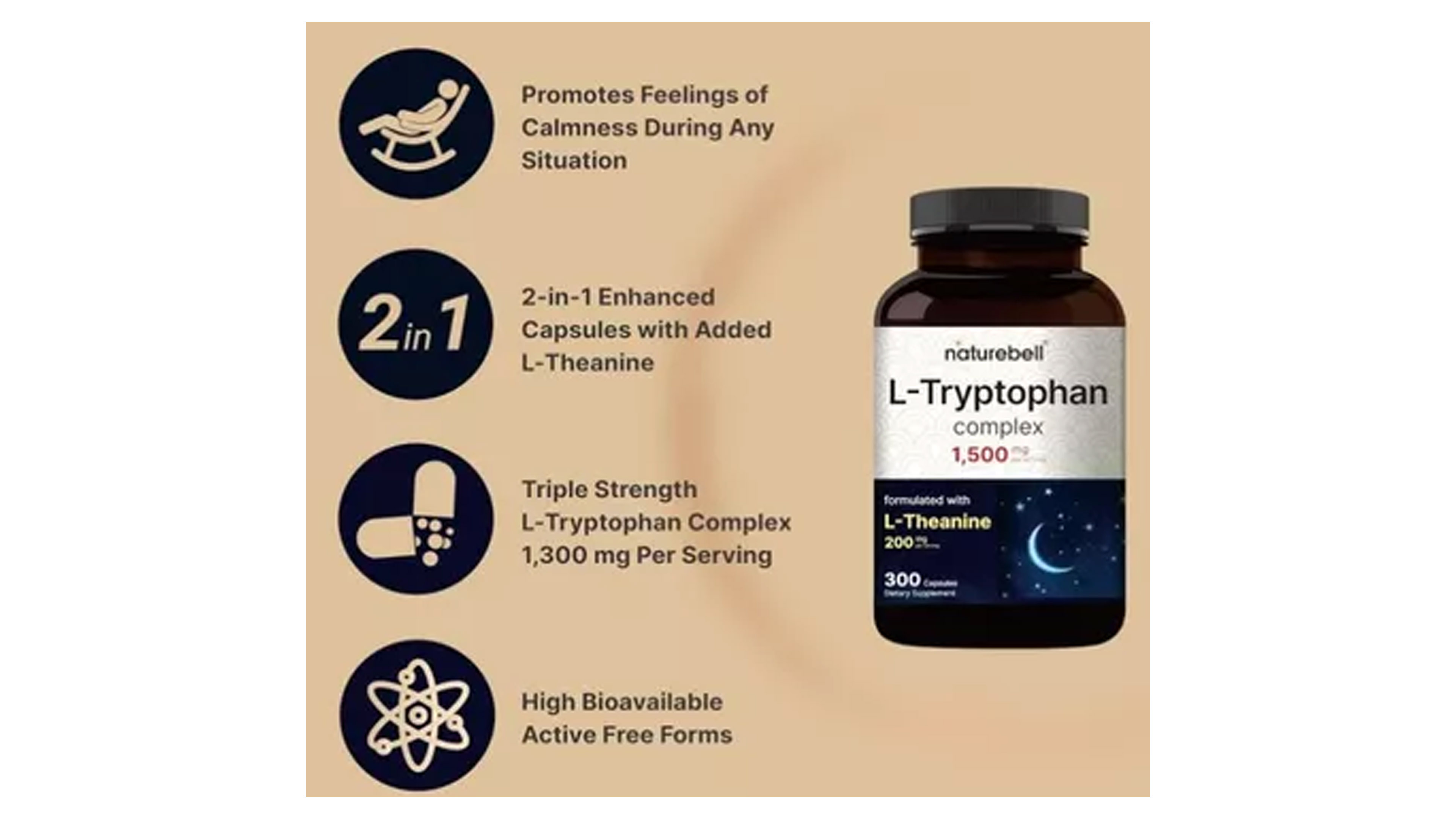 L-triptófano 1300mg Naturebell + L-theanine 200mg Con 300 Capsulas