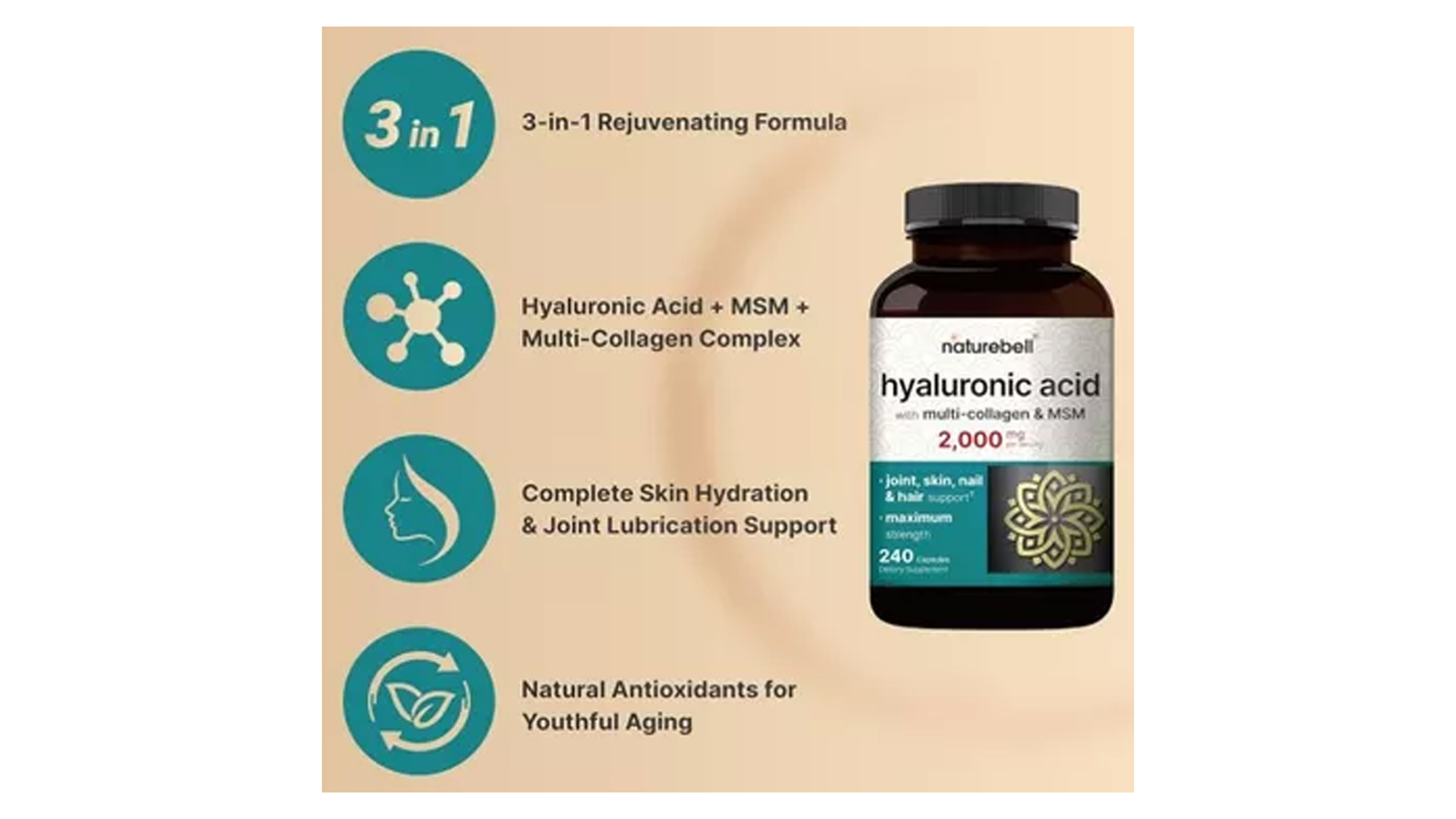 Ácido Hialuronico + Colágeno + Msm 2000mg Naturebell 240 Capsulas