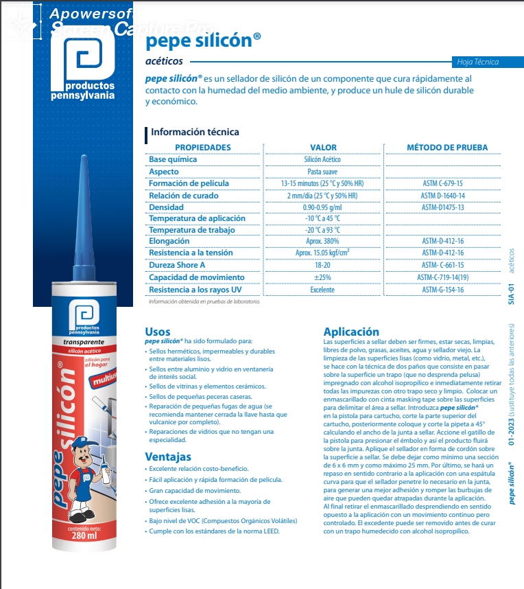 PEPE SILICON TRANSPARENTE CARTUCHO DE 280 ML, CAJA DE 25 PZAS.