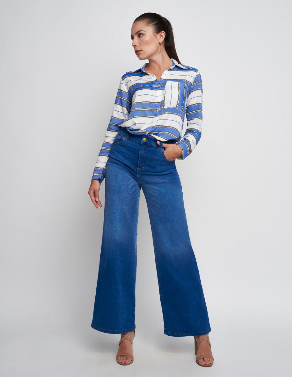 Jeans Devendi para mujer de tela de mezclilla en color azul tiro alto a la cintura wide leg 