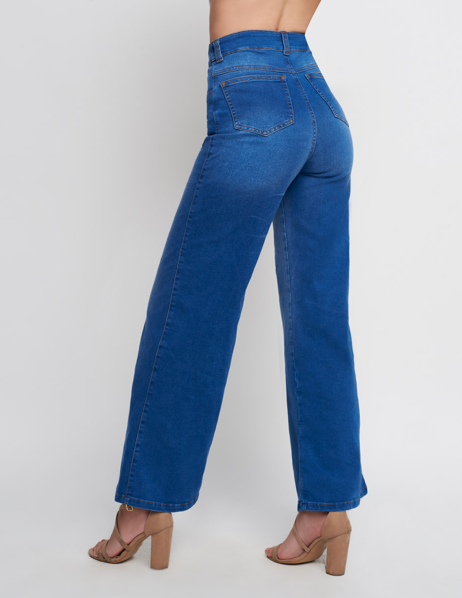 Jeans Devendi para mujer de tela de mezclilla en color azul tiro alto a la cintura wide leg 