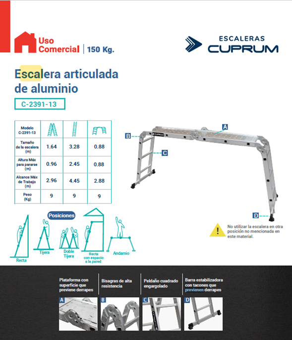 ESCALERA ARTICULADA DE ALUMINIO, 5 POCISIONES, MARCA CUPRUM C-2391-13.