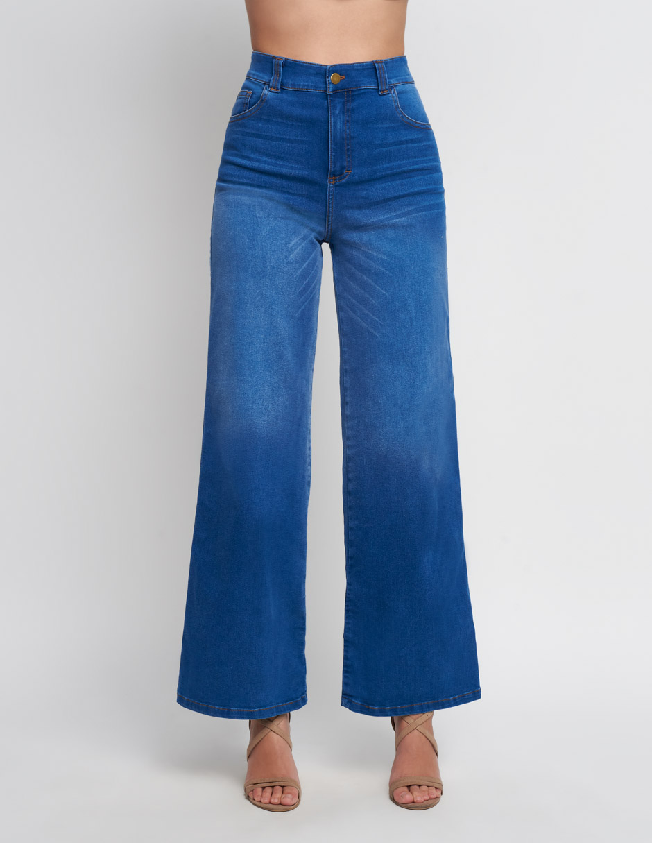 Jeans Devendi para mujer de tela de mezclilla en color azul tiro alto a la cintura wide leg 