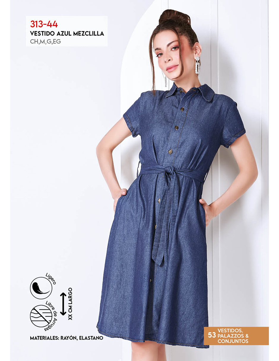 Vestido Color Azul Oscuro, Tela Mezclilla Ligera, Algodón, Cuello