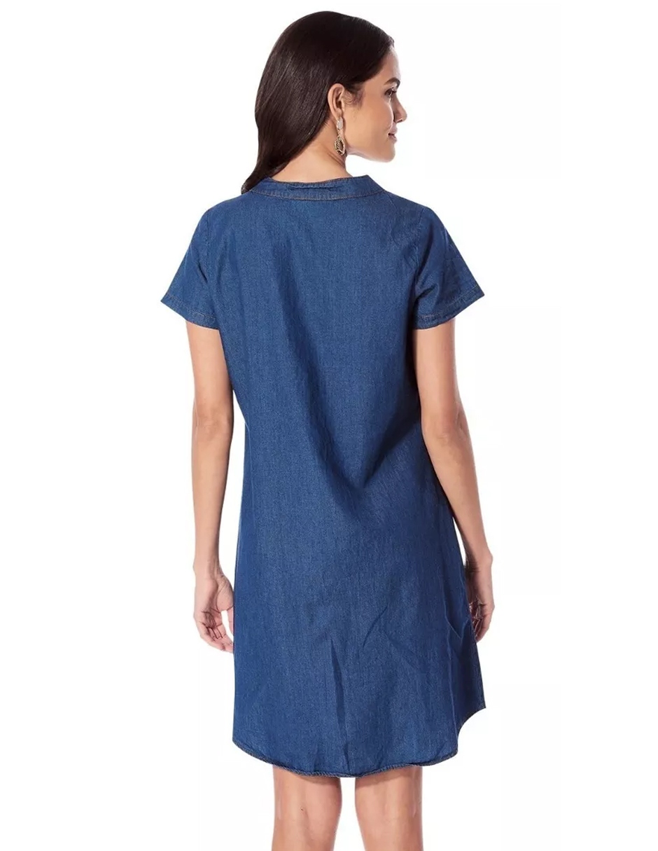 Vestido Color Azul Oscuro, Largo Corto, Tela Mezclilla Delgada, Algodón, Cuello Mao, Manga Corta, Botones Habilitados, Bolsas Laterales Habilitadas, Casual