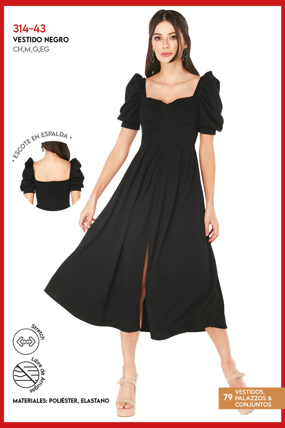 Vestido Formal, Color Negro, Largo Midi, Falda Midi Circular, Volumen, Tela Stretch, Manga Corta con Volumen, Escote Corazón, Pretina, Abertura Frontal en Falda