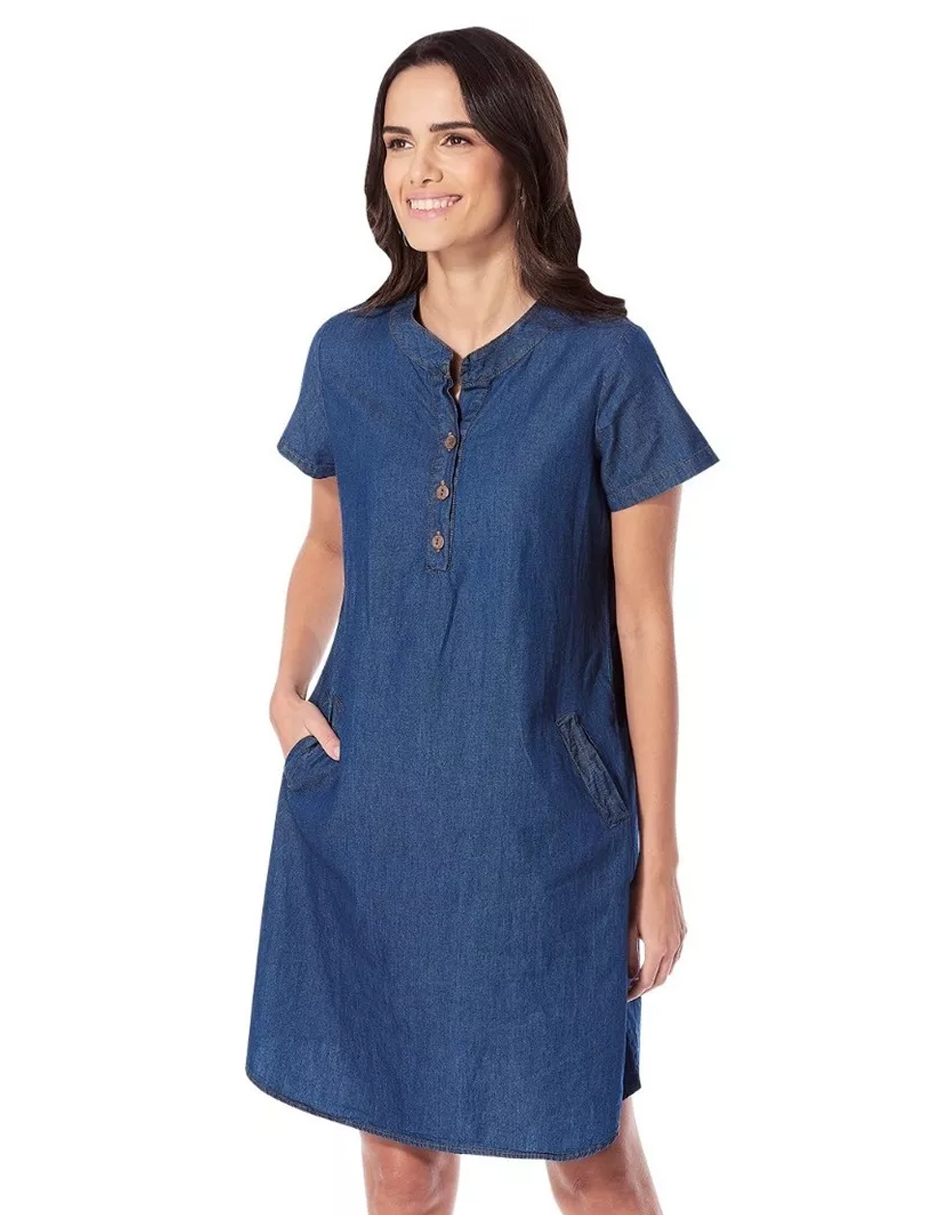 Vestido Color Azul Oscuro, Largo Corto, Tela Mezclilla Delgada, Algodón, Cuello Mao, Manga Corta, Botones Habilitados, Bolsas Laterales Habilitadas, Casual