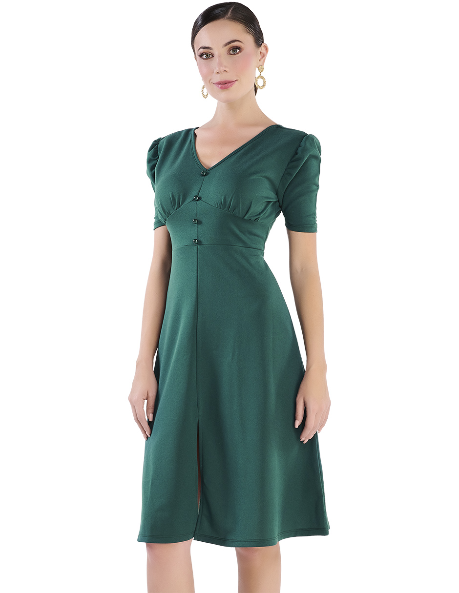 Vestido Formal, Color Verde Botella, Tela Stretch, Manga Corta con Volumen, Cuello V, Botones Decorativos, Largo Midi, Abertura Frontal en Falda, Plisado Decorativo en Busto