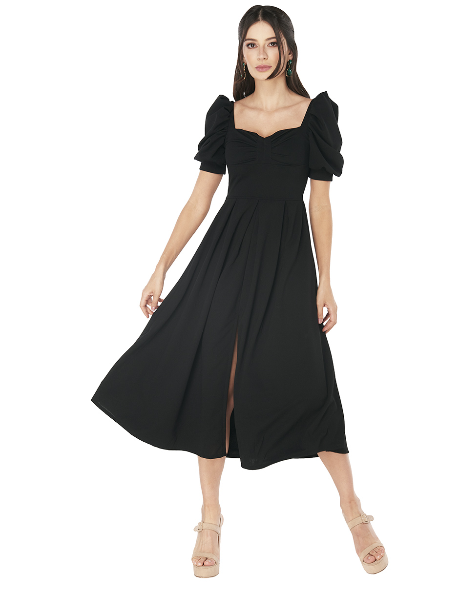Vestido Formal, Color Negro, Largo Midi, Falda Midi Circular, Volumen, Tela Stretch, Manga Corta con Volumen, Escote Corazón, Pretina, Abertura Frontal en Falda
