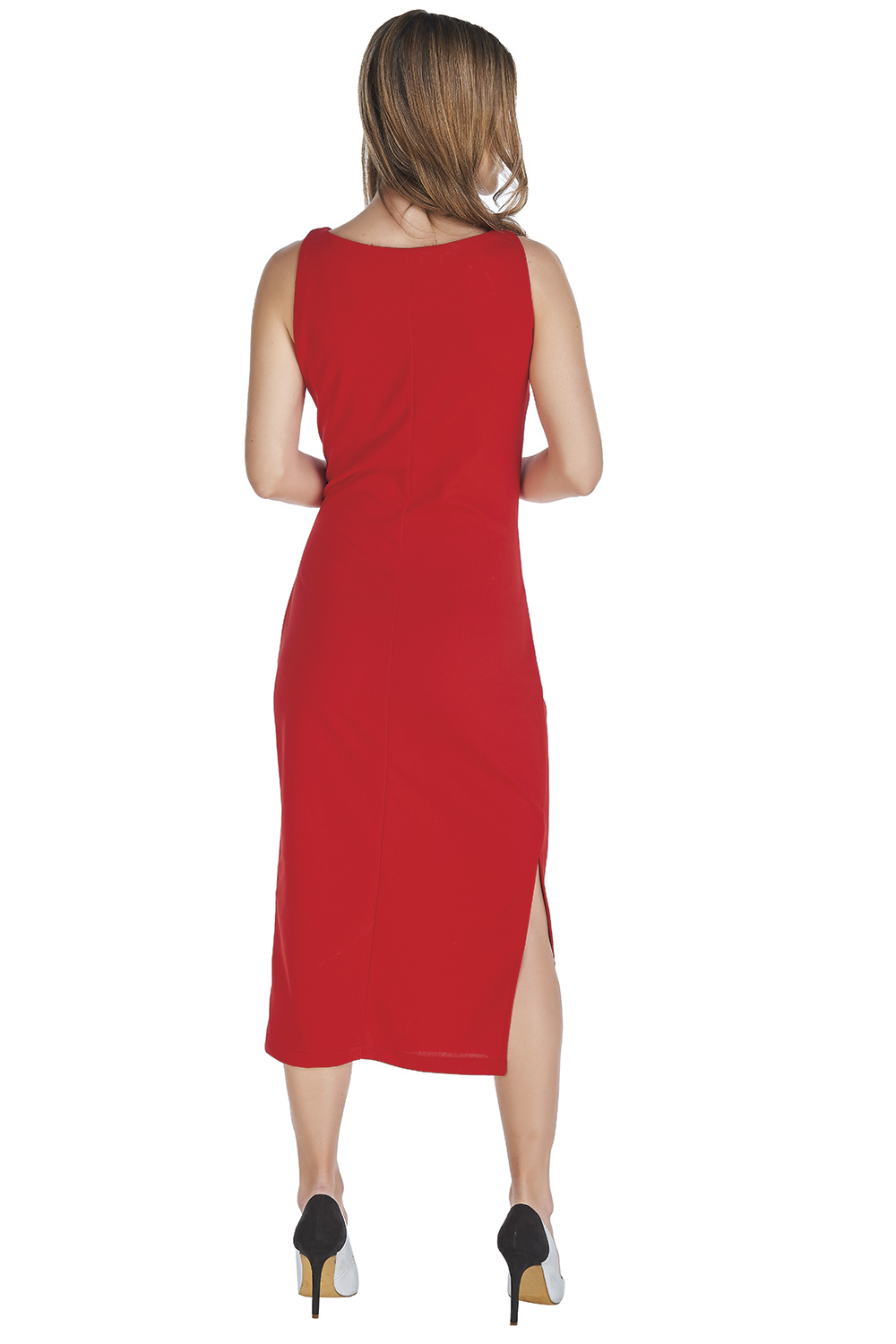Vestido Formal, Tela Stretch, Largo Midi, Abertura Latera, Cuello Redondo, Sin Mangas, Tirantes Gruesos, Plisado Lateral Decorativo, Pinzas en Busto, Color Rojo