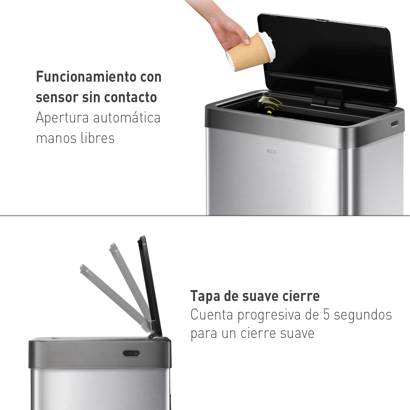 EKO Bote de basura Inteligente Mirage X con Sensor Automatico para cocina baño oficina Acero Inoxidable 80 L con tapa 