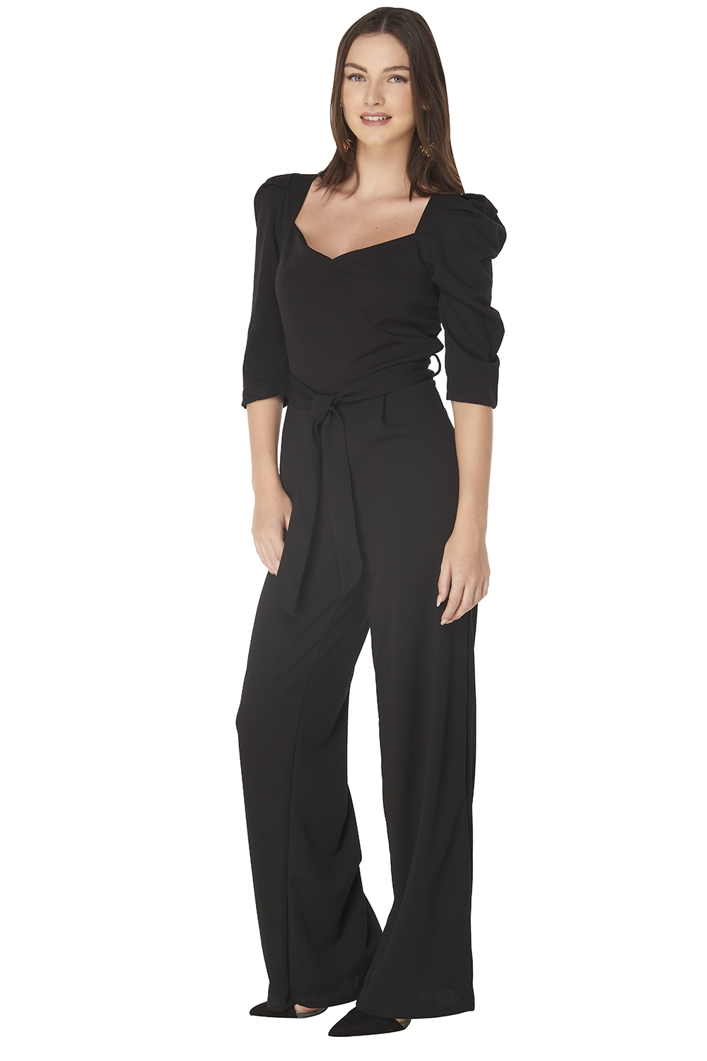 Jumpsuit Pantalón, Enterizo, Tela Stretch con Textura, Cinturón de la Misma Tela, Pinzas Decorativas en Pantalón, Manga Corta con Volumen, Cinturón de la Misma Tela, Escote Corazón, Color Negro