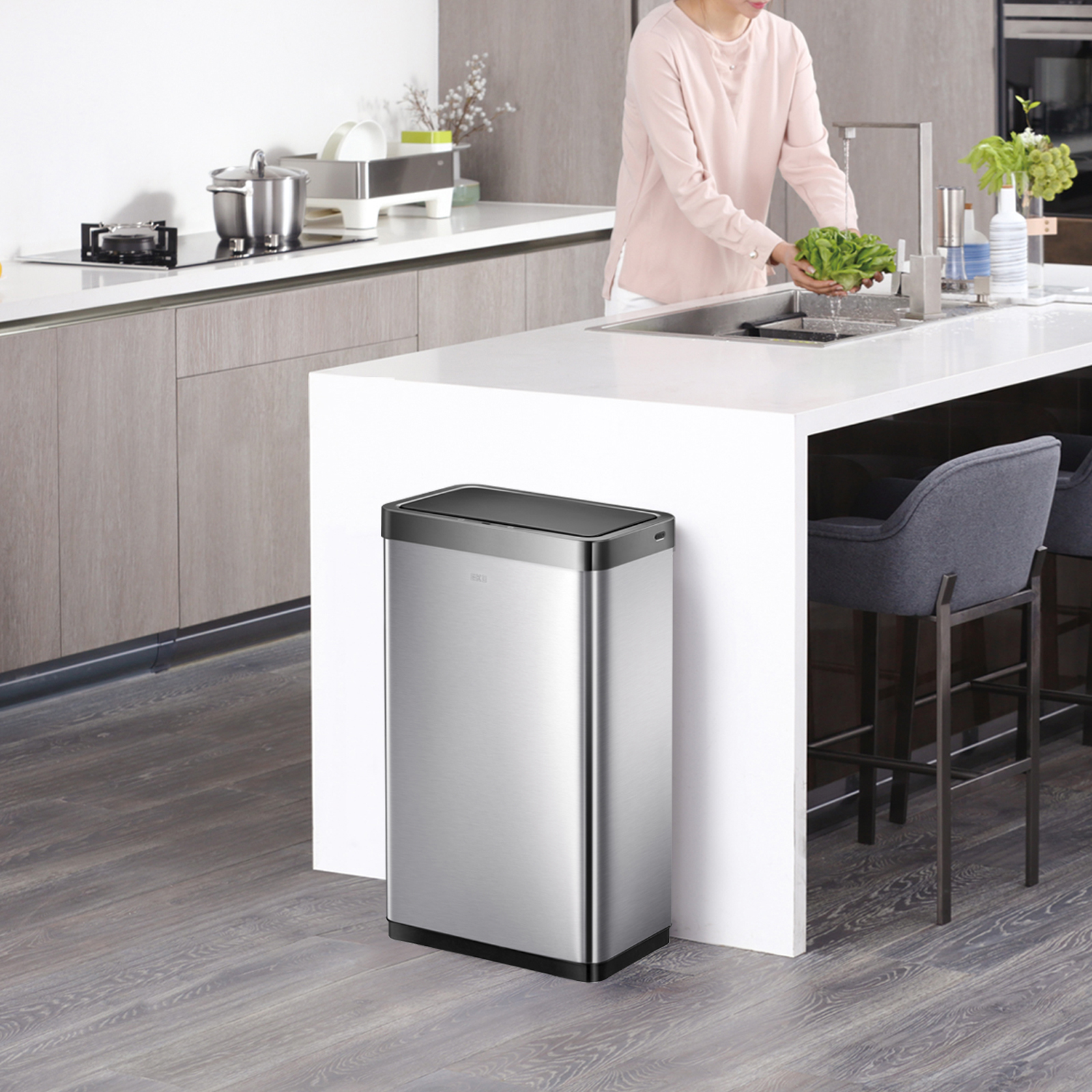 EKO Bote de basura Inteligente Mirage X con Sensor Automatico para cocina baño oficina Acero Inoxidable 80 L con tapa 