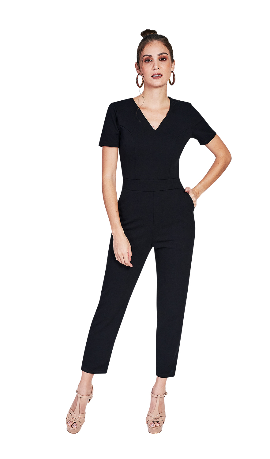 Palazzo Jumpsuit, Pantalón, Enterizo, Corte Recto, Tela Stretch, Manga Corta, Escote en V, Pretina Ancha, Corte Princesa en Talle, Escote Gota en Espalda