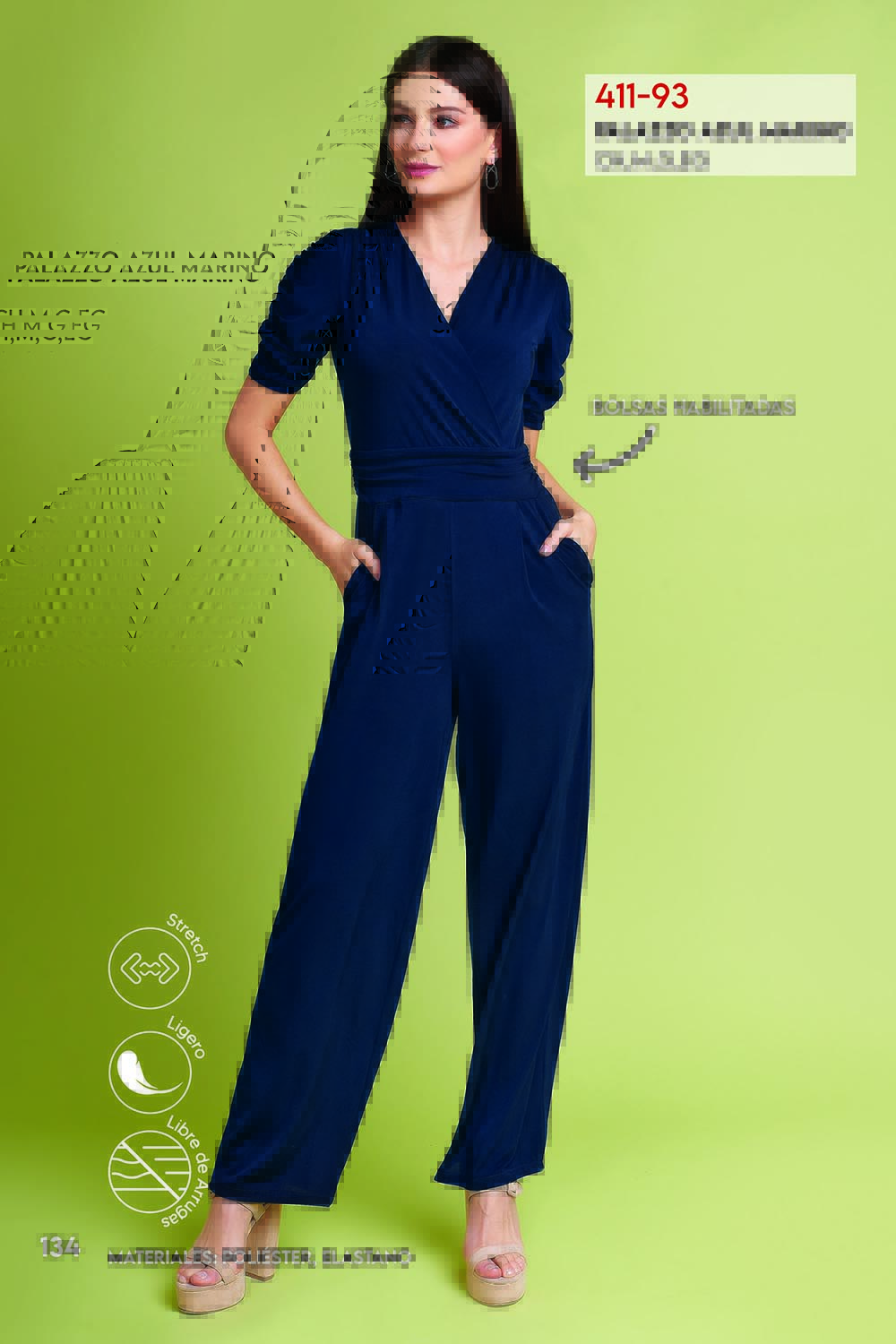 Palazzo jumpsuit, Enterizo, Tela Ligera, Super Stretch, Color Azul Marino, Manga Corta con Volumen, Escote en V Cruzado, Pretina Plisada, Bolsas Habilitadas