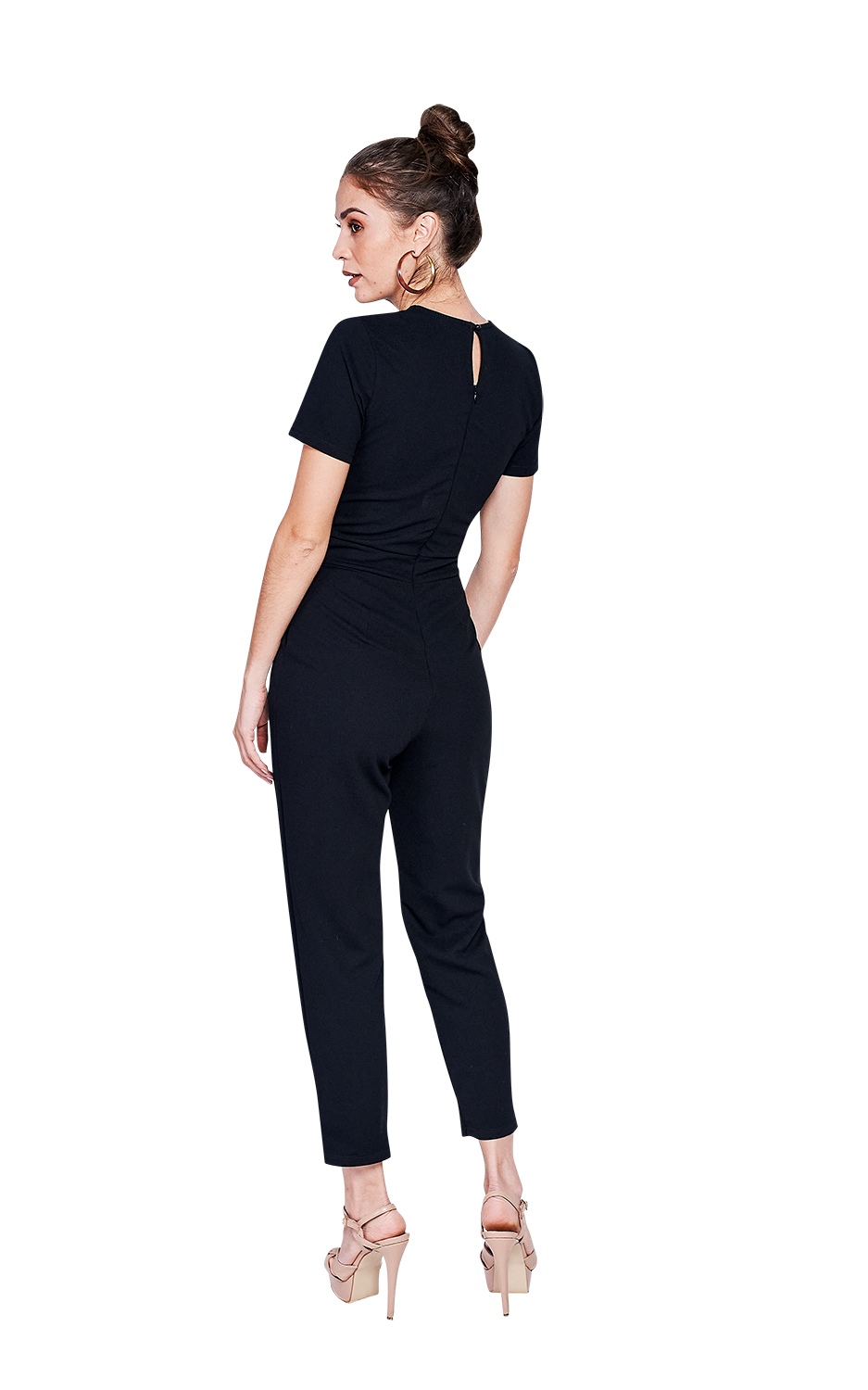 Palazzo Jumpsuit, Pantalón, Enterizo, Corte Recto, Tela Stretch, Manga Corta, Escote en V, Pretina Ancha, Corte Princesa en Talle, Escote Gota en Espalda