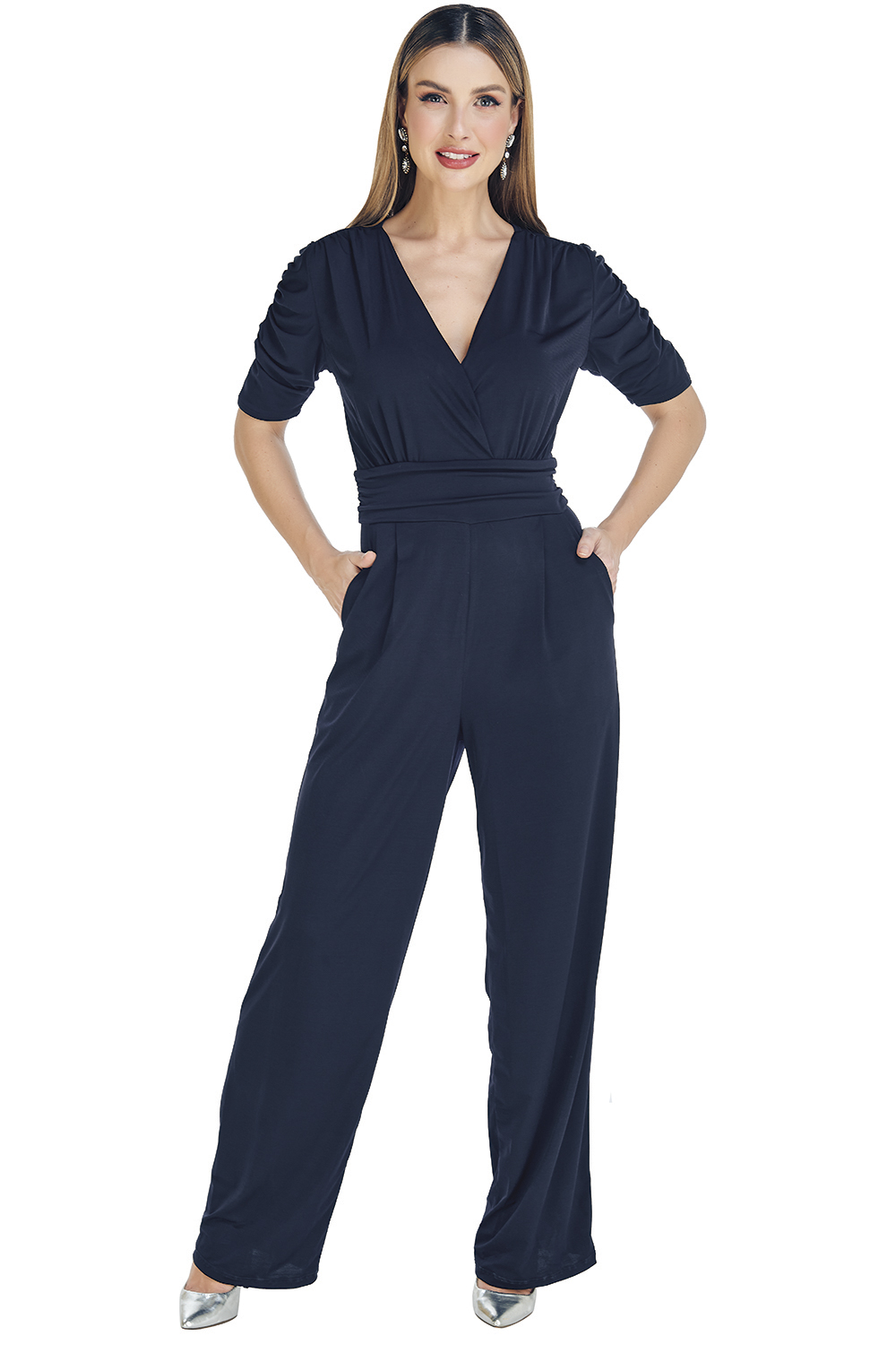 Palazzo jumpsuit, Enterizo, Tela Ligera, Super Stretch, Color Azul