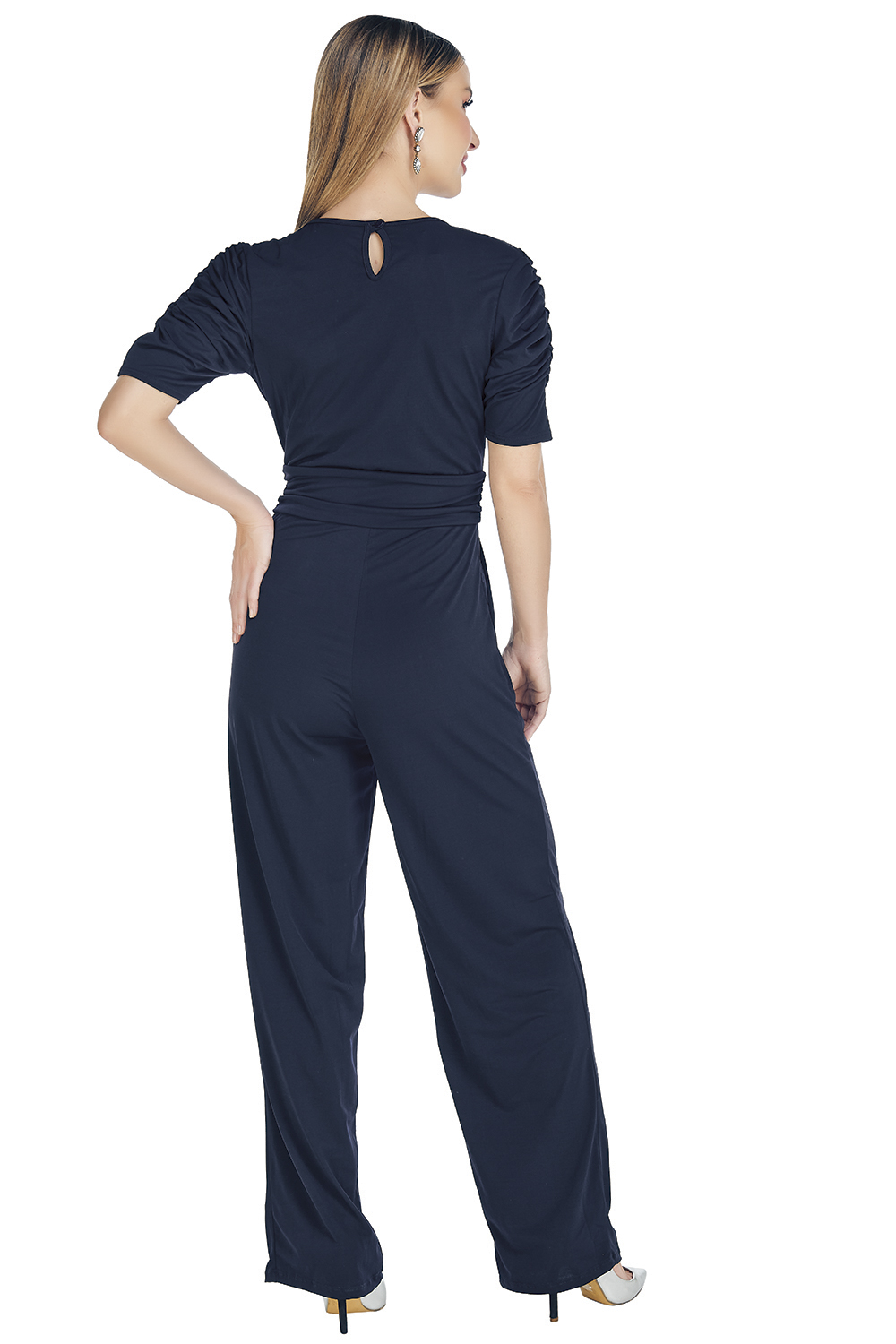 Palazzo jumpsuit, Enterizo, Tela Ligera, Super Stretch, Color Azul Marino, Manga Corta con Volumen, Escote en V Cruzado, Pretina Plisada, Bolsas Habilitadas