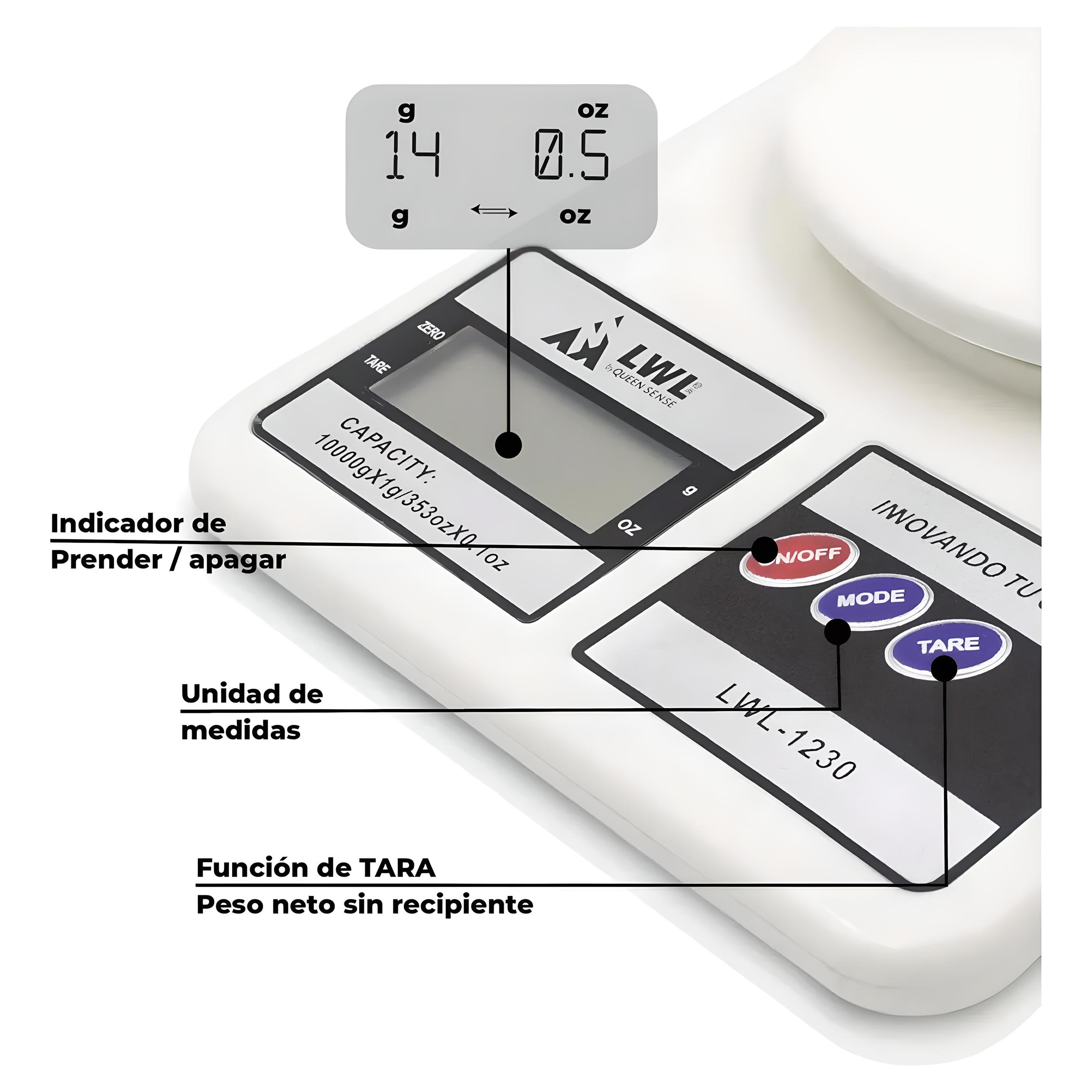 Báscula de cocina digital Queen Sense Hard Work LCD3-10 pesa hasta 10kg blanca