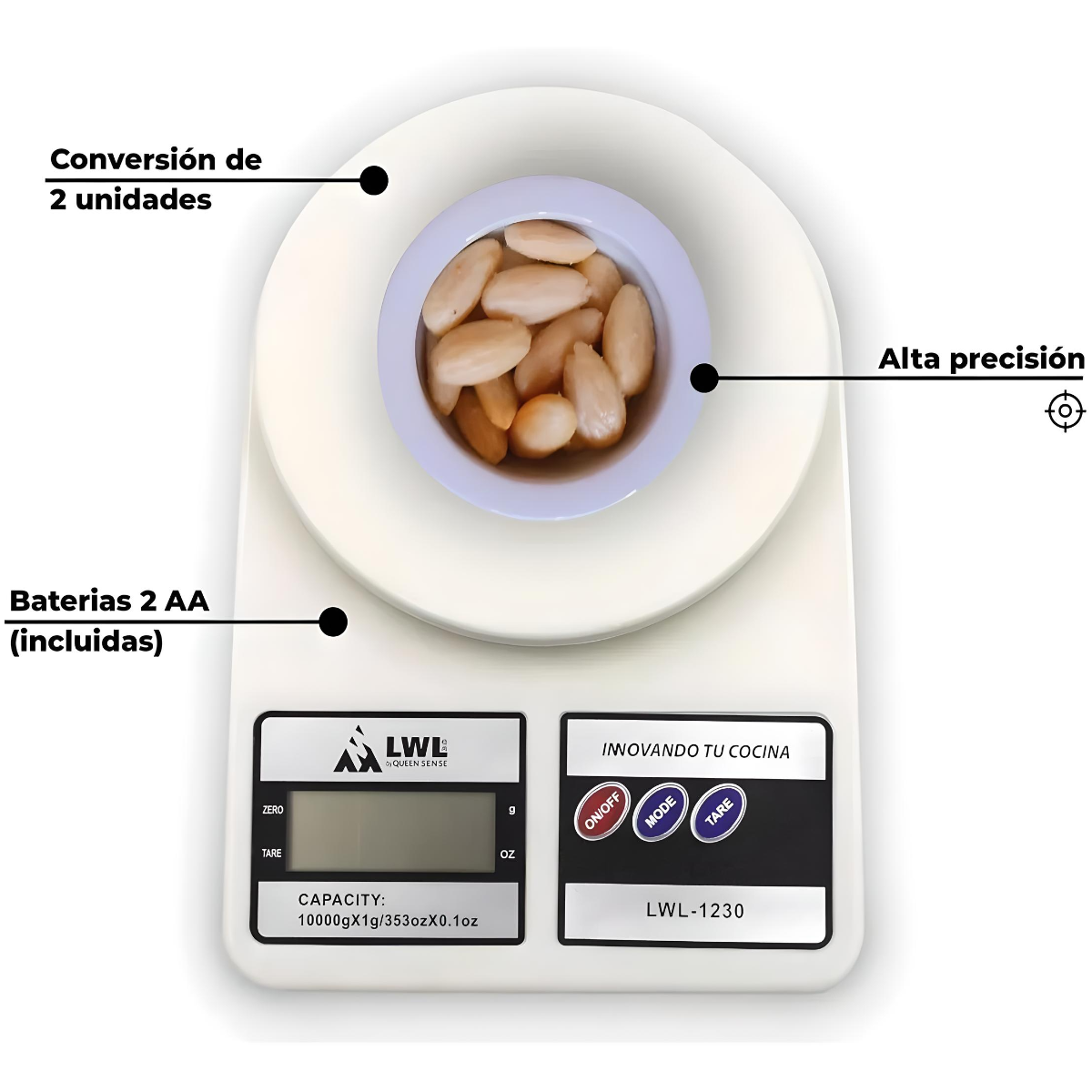 Báscula de cocina digital Queen Sense Hard Work LCD3-10 pesa hasta 10kg blanca