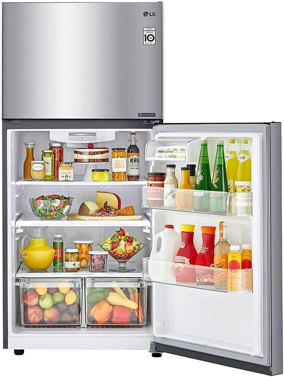 Refrigerador lg top mount 20 pies cúbicos acero inoxidable puerta reversible smart inverter lt57bpsx.