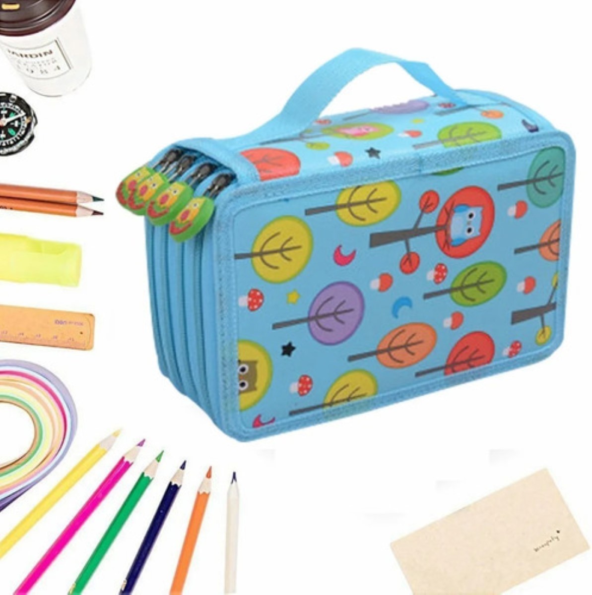 "Bolígrafo Organizador De 72 Agujeros Para Estudiantes, Color Azul con dibujos "