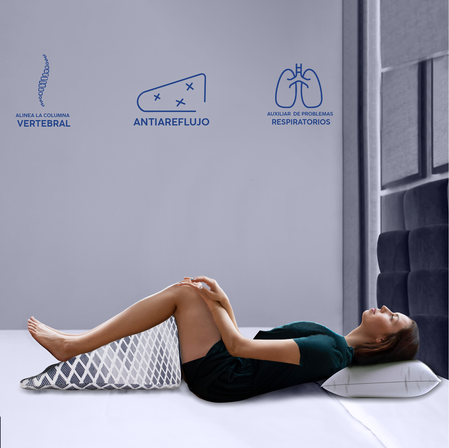 DR JOOHN Almohada de cuña para Cama | Diseño Antillagas | 60 x 60 x 27 cm | Elevación de Pierna, Soporte de Espalda, antirreflujo y antirronquidos (Snow)