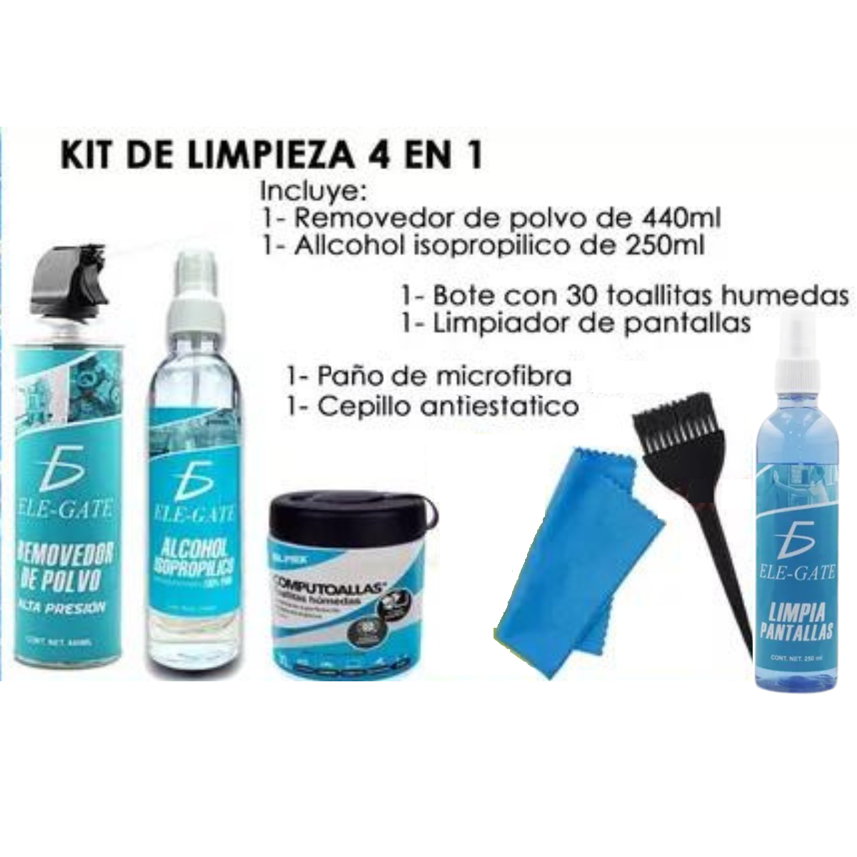 Aire Comprimido 440 ml, Toallas Húmedas, Alcohol Isopropílico 250 ml, Limpiador de pantallas 250 ml, Paño, Cepillo Antiéstatico